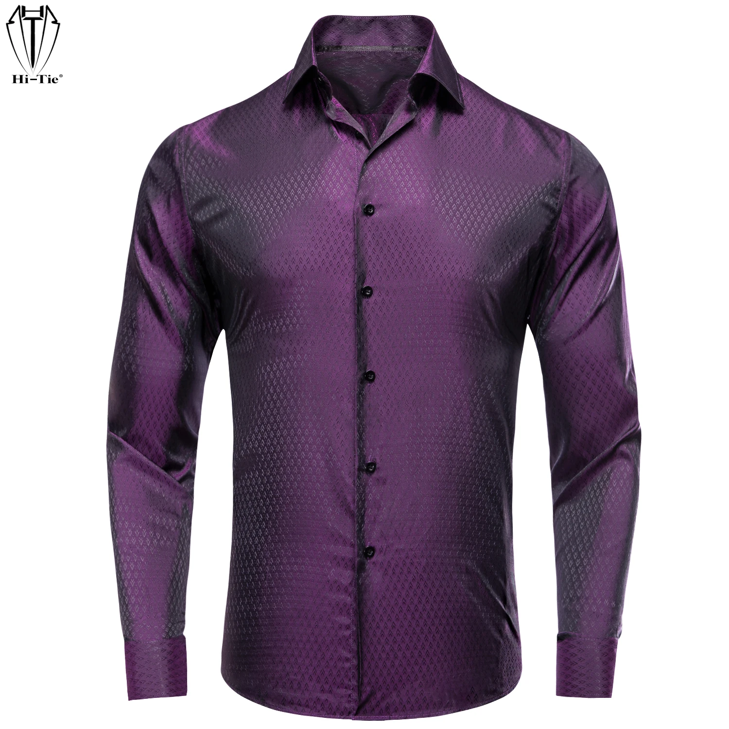 Hi-Tie Purple Silk Jacquard Mens Shirt Long Sleeves Lapel Check Overshirt Soft Comfortable Breathable for Male Wedding Business