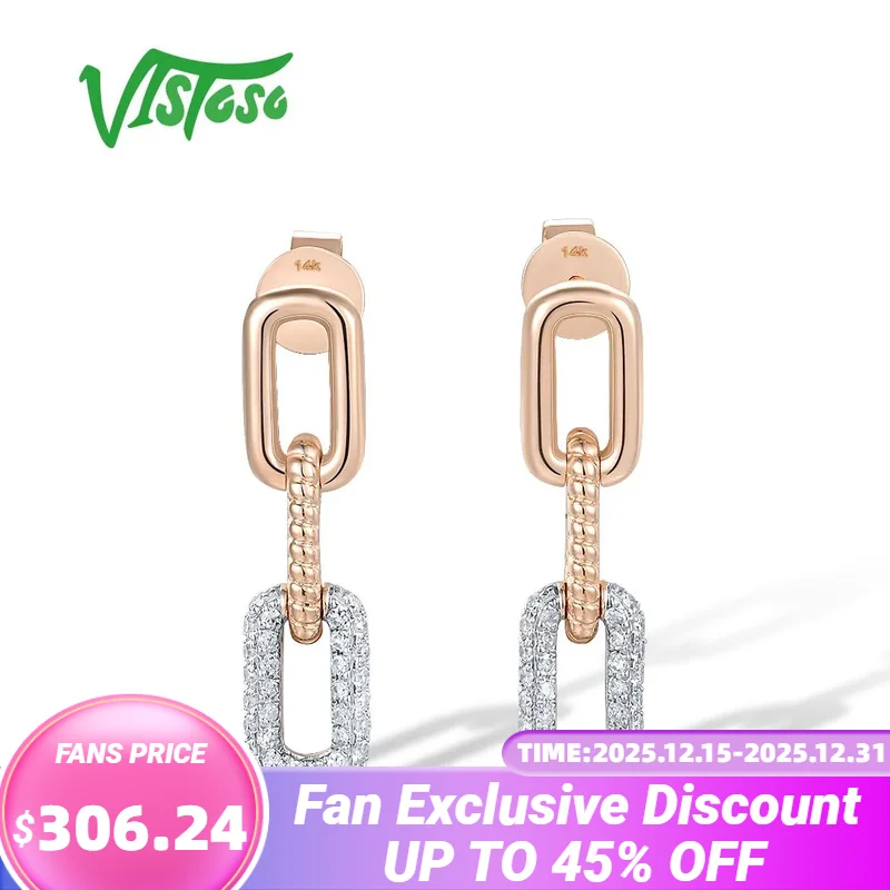 VISTOSO 14K 585 Rose Gold Stud Earrings For Women Sparkling Genuine Diamonds Dangling Chain Link Geometric Fine Fashion Jewelry