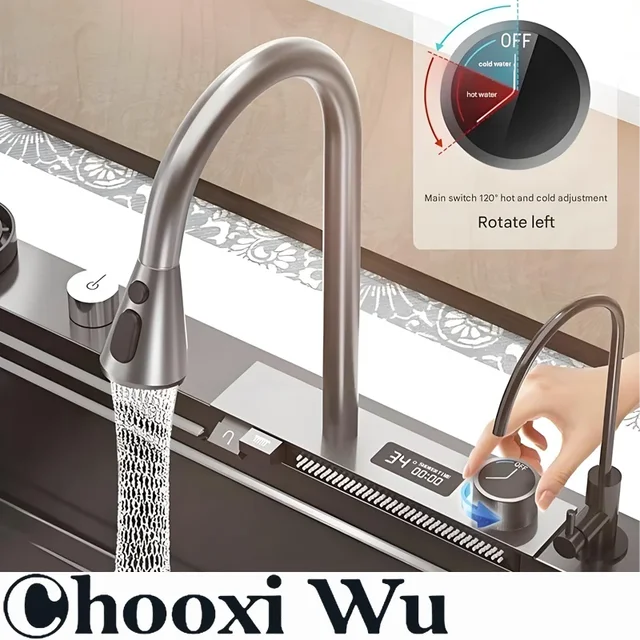 CHOOXIWU-A ก๊อกน้ําแบบดึงออกได้มัลติฟังก์ชั่นเหมาะสําหรับห้องครัว ก๊อกน้ําอ่างล้างจานจอแสดงผลดิจิตอล 1