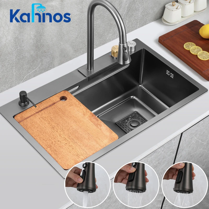 Waterfall Sink Kitchen Stainless Steel Topmount Sink Black Wash Basin