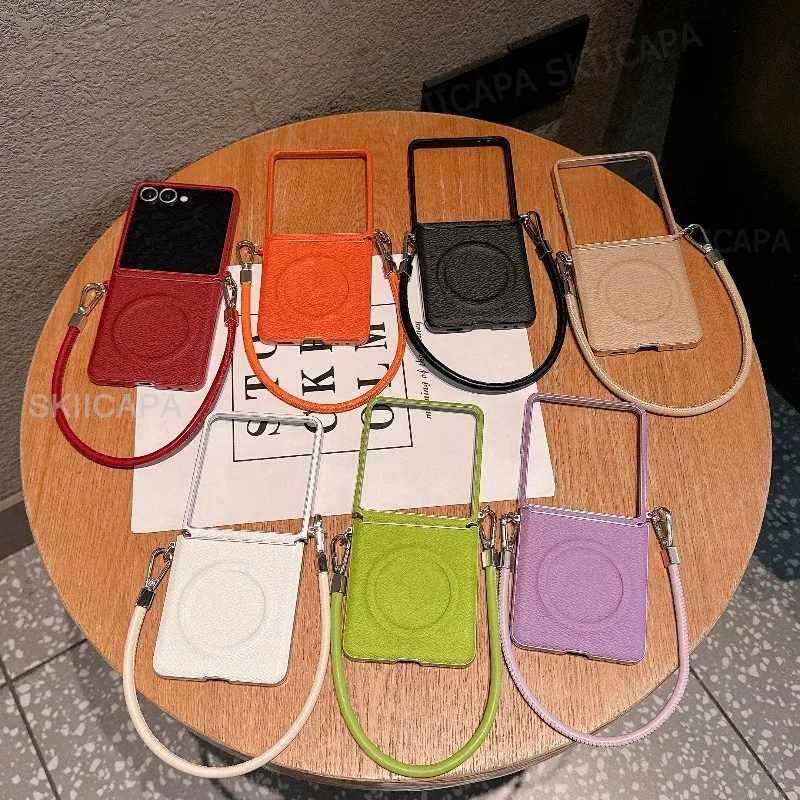 Magnetic Leather Wrist Strap Case with Magsafe Wireless Charging and Lanyard