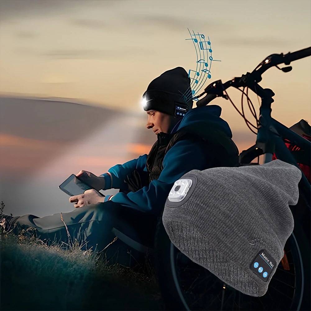 Bluetooth Beanie Hat with LED Headlamp and Wireless Headphones