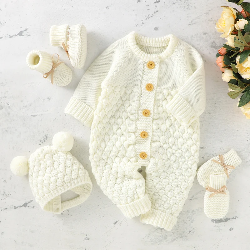 

Knitted Infant Girl Boy Romper +Hat +Gloves +Shoes Fall 4PC Long Sleeve Jumpsuit Outfits +Mitten +Boots Newborn Baby Clothes Set