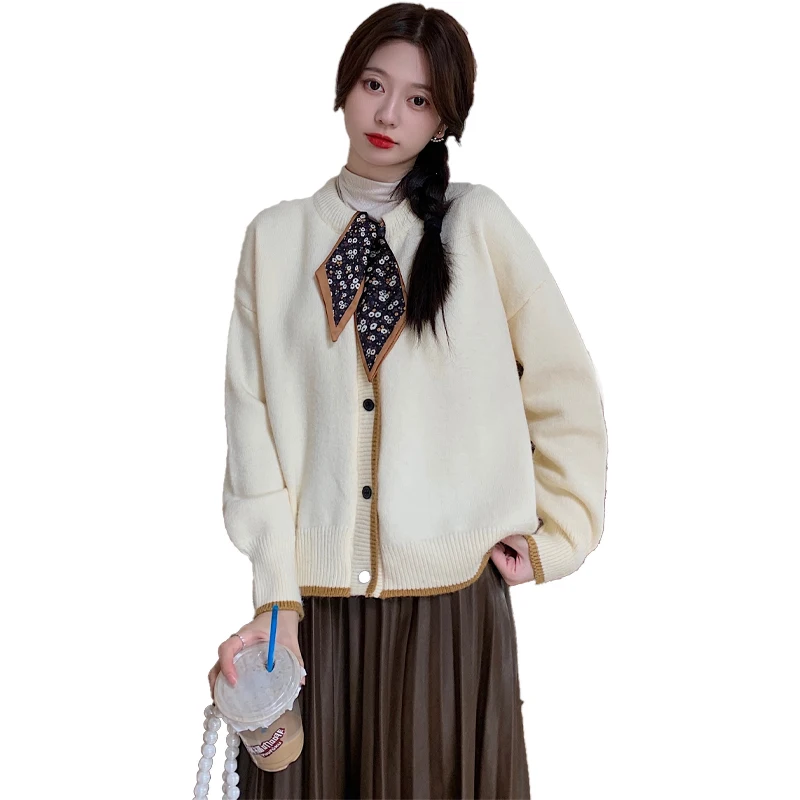Korean Style Winter Pregnancy Sweater with Floral Scarves Plus Size Maternity Knitted Cardigans Button Fly Fashion Women's Coats