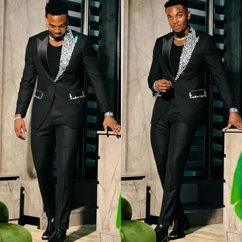 Abiti neri da uomo Slim Fit monopetto con risvolto a punta Blazer di cristallo di alta qualità Prom Party 2 pezzi Giacca Pantaloni Set Terno