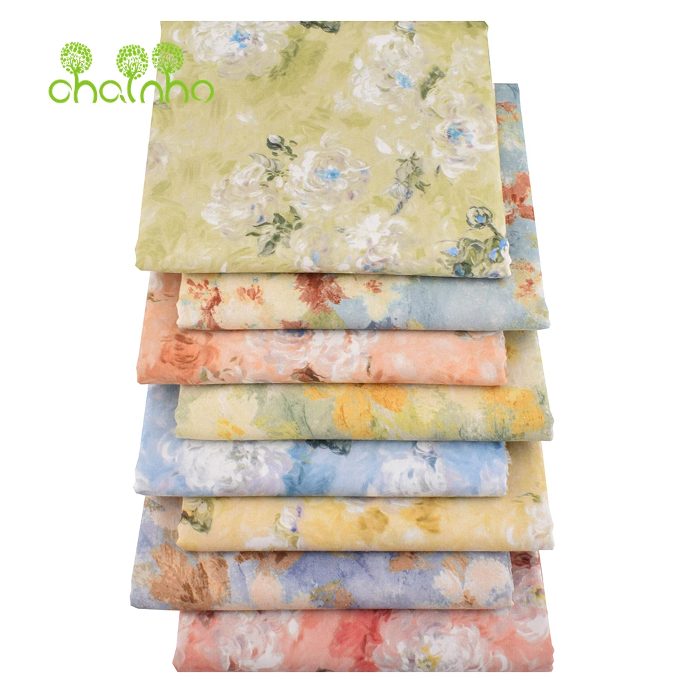 Chainho,Printed Plain Weave Poplin Cotton Fabric,DIY Quilting Sewing Material,Patchwork Cloth,Floral Series,2 Sizes,15PC217