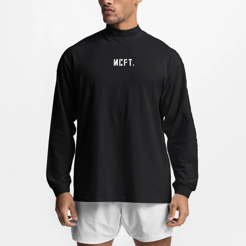 

Mens Breathable Fitness Fashion Sporting Clothing Bodybuilding T Shirt Workout Oversized High-neck Long Sleeve Tshirt