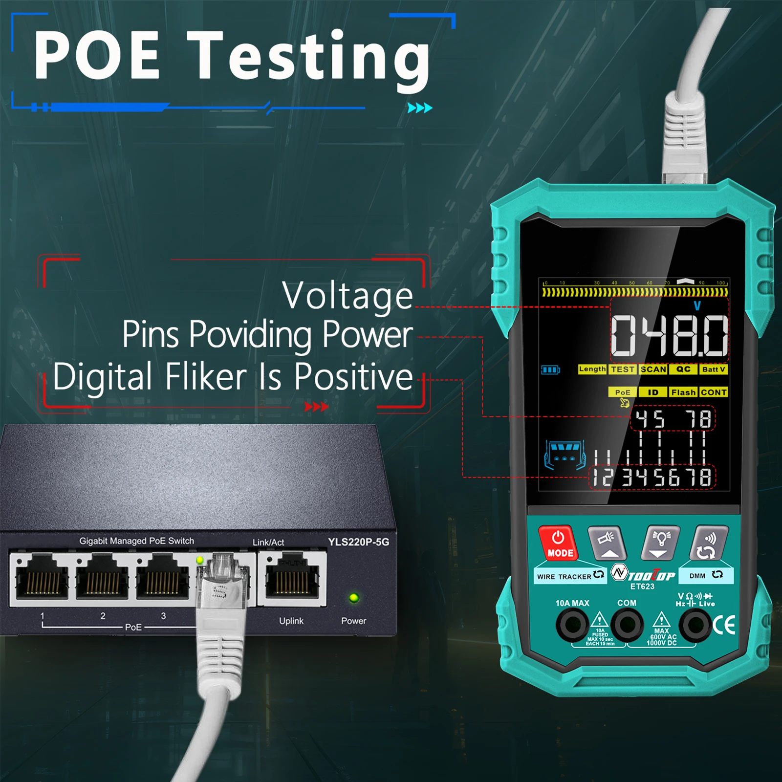 400M Network Cable Tester POE Test Cable Mapping AC/DC Multimeter Network Cable