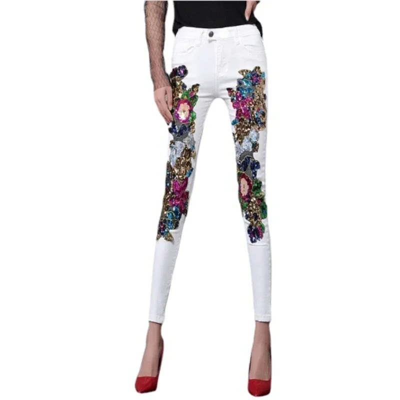 2024 Spring and Summer Women's Sequins White Denim Pants Slim All-match Basic Pencil Student Stretch Jeans Daily Street Trousers