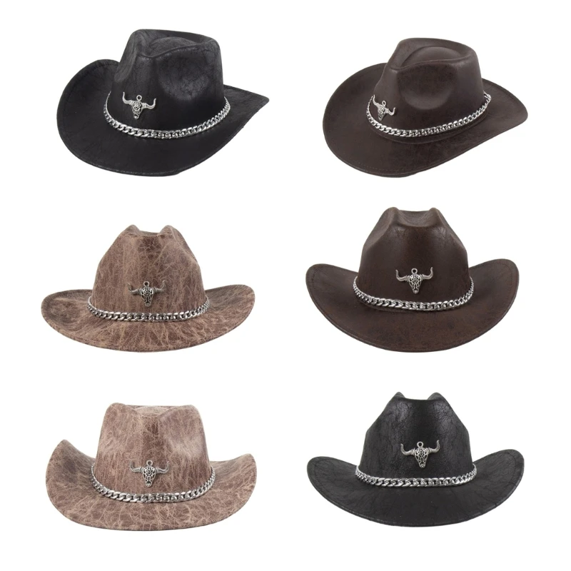 

New Western Cowboy Hat for Female Wide Brim Metal Chain Cowboy Hat Fashion Music Festival Hat Masquerade Balls Headdress