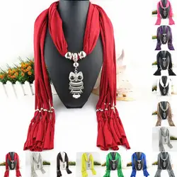Long Fringed Solid Color Women Scarf Retro Owl Pendant Necklace Scarf Costume Accessories Gift