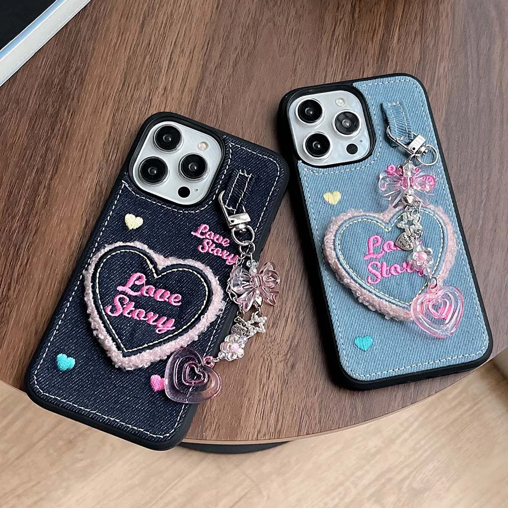 Ins Love Heart Jean Cloth Denim Case with Pendant For iPhone