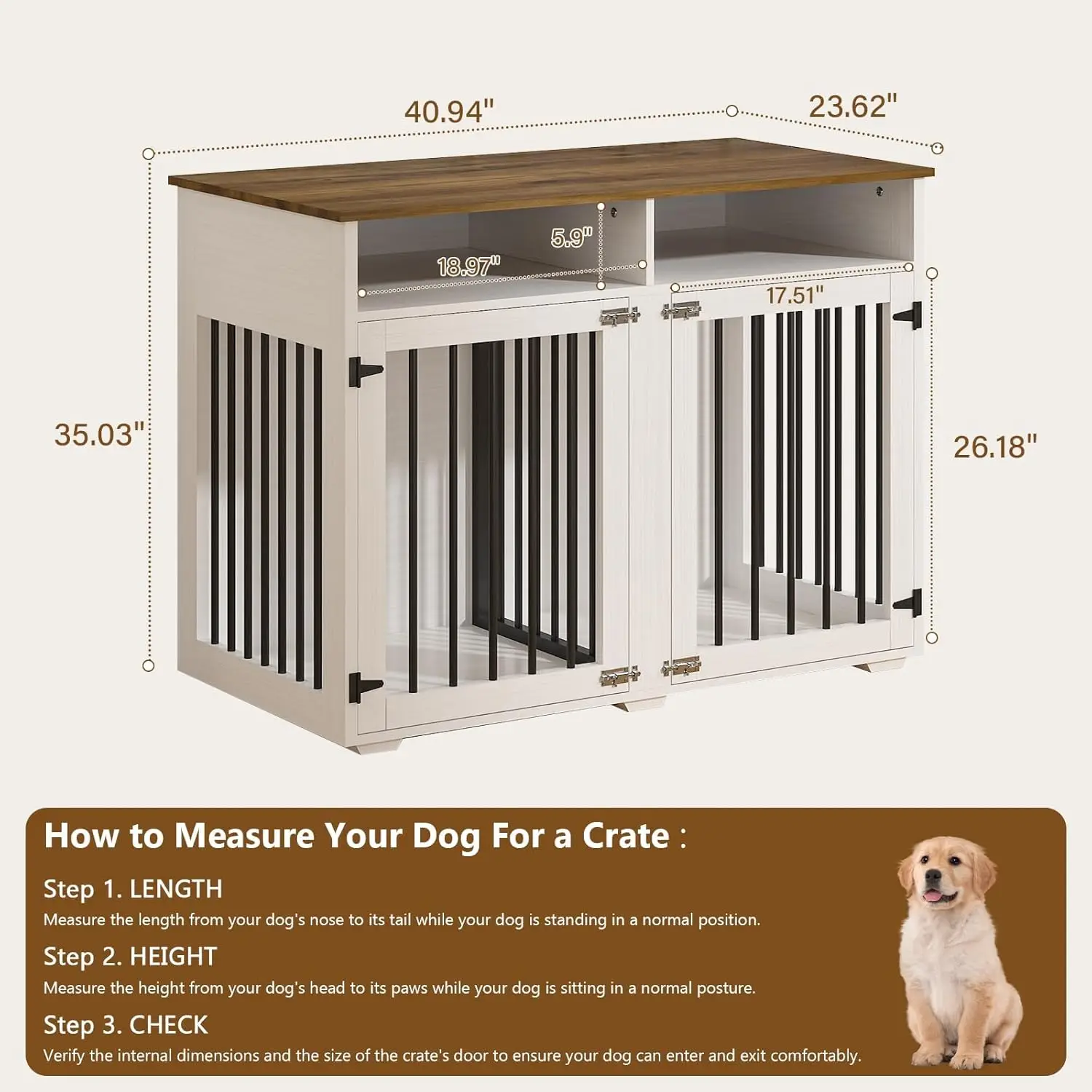 41 inch Dog Crate Furniture for 2 Dogs, Wooden Dog Cage with Storage Compartment, Indoor Dog Kennel with 2 Doors for Medium