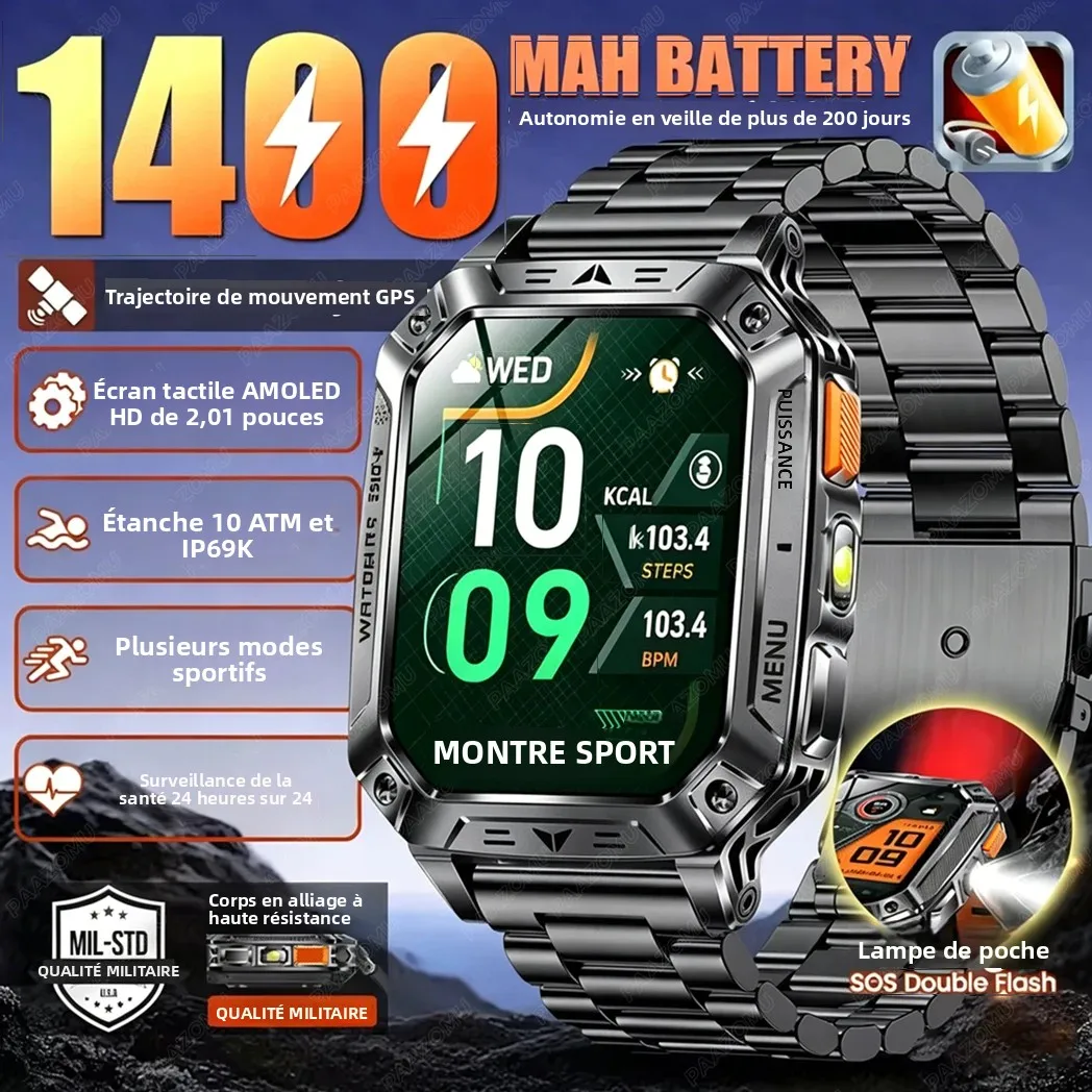 2026 New Built-in 1400mAh Super Large Battery Men Smart Watch Outdoor GPS 2.01"AMOLED Screen 10ATM Waterproof BT Call_voghion.com