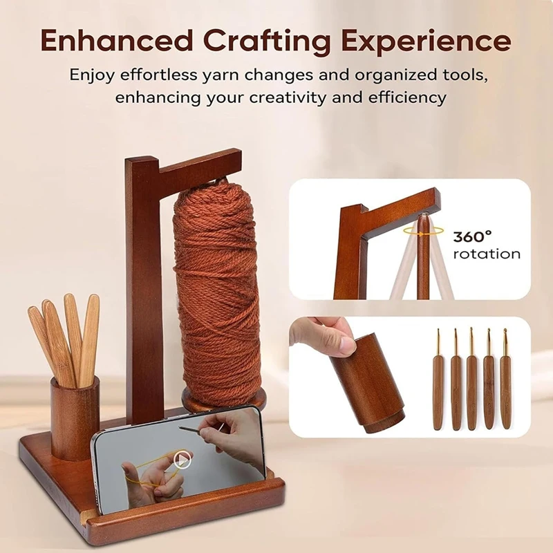 Wooden Yarn Holder With Phone Holder Wooden Yarn For Crocheting Spindle And DIY Gift For Craft Lovers