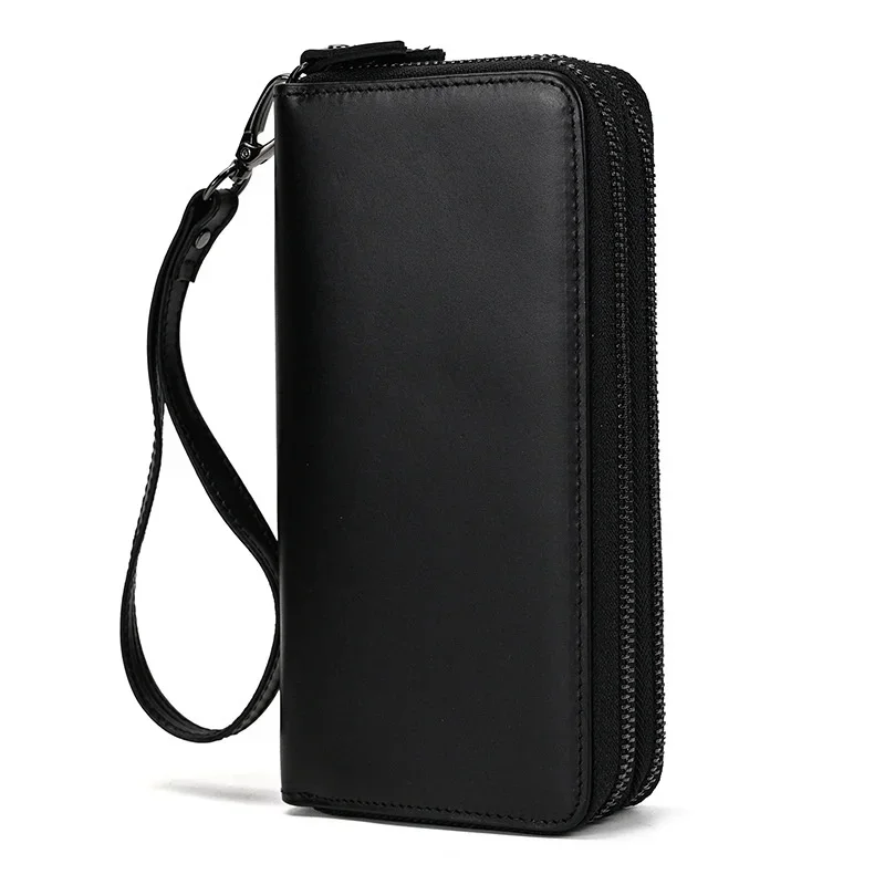 

Men's Crazy Horse Leather Long Wallet Double Zipper Layer Cowhide Handbag Vintage Mobile