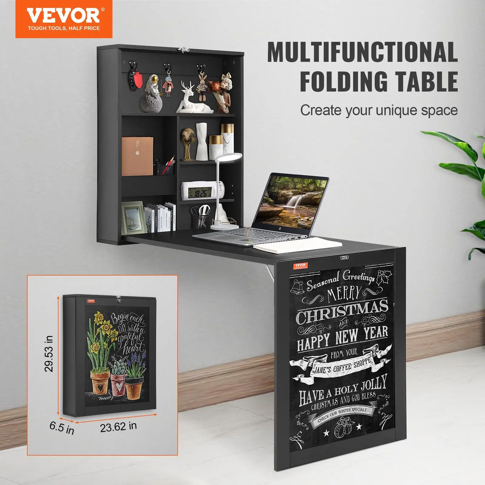 Space Saving Computer Desk with Storage Area Multi-Function Folding Wall Table Wall Mounted Desk with Chalkboard for Home Office 2