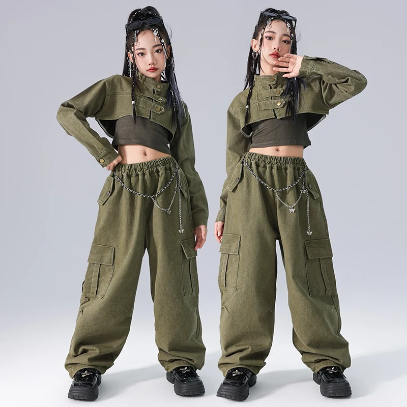 Hip Hop Girls Clothes Jazz Dance Navel Tops Long Sleeves Loose Pants Street Dance Costume Group Performance Suit BL14038