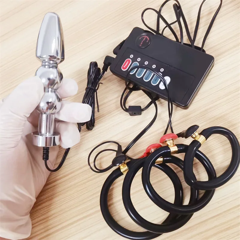 Silicone Cock Rings Metal Anal Beads Butt Plug Prostate Massage Testis Stimulation Electric Shock Sex Toys for Men Adult Games electro sex toys electric sex toys penis rings