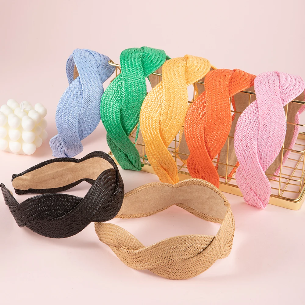 Spring and summer Europe and the United States wind wide edge hair band fashion solid color straw braid headwear 2024 new braid new women straw braided belt summer pp straw woven belt beach style elastic wide waistband boho dress decorative belt vacation