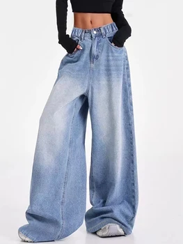 Vintage-washed blue American-style wide-leg straight-leg jeans for tween/teen girls – loose-fit, high-street casual long-length 2