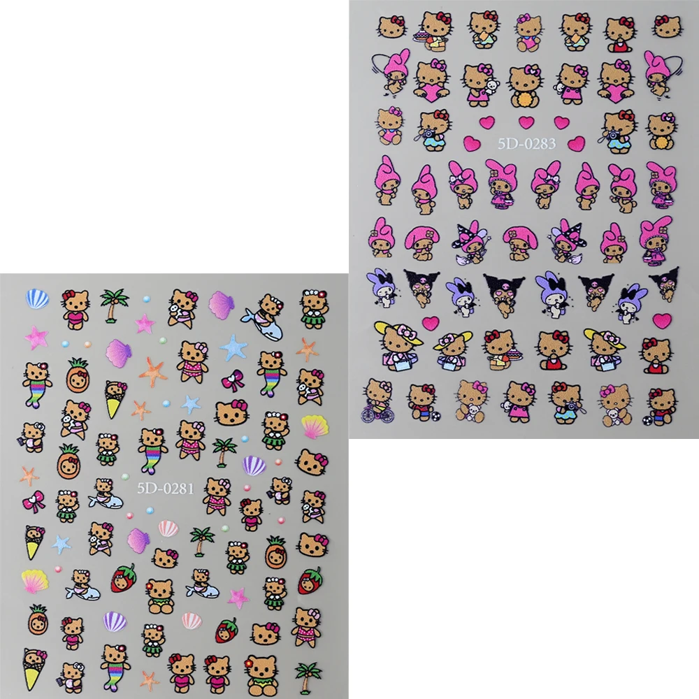 2개/세트 여름 태닝 헬로키티 5D 네일 스티커 엠보싱 Y2K 카와이 머메이드 헬로키티 네일 데칼 휴가 스타일 매니큐어