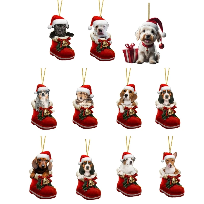 Festive Dog Sock Christmas Tree Pendant Decor Hanging Decoration Handmade Acrylic Ornaments Holiday Home Party