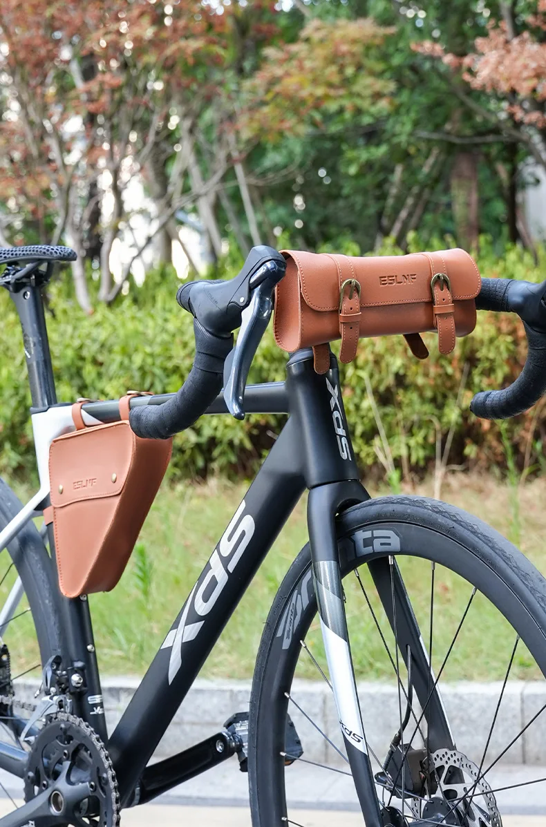 ESLNF Retro Dreieckstasche Fahrrad PU Leder Fahrrad Vorderrahmen Ultraleichter Schlauch Kleines Paket Reparatur Werkzeugtasche Fahrradzubehör – Detail 3