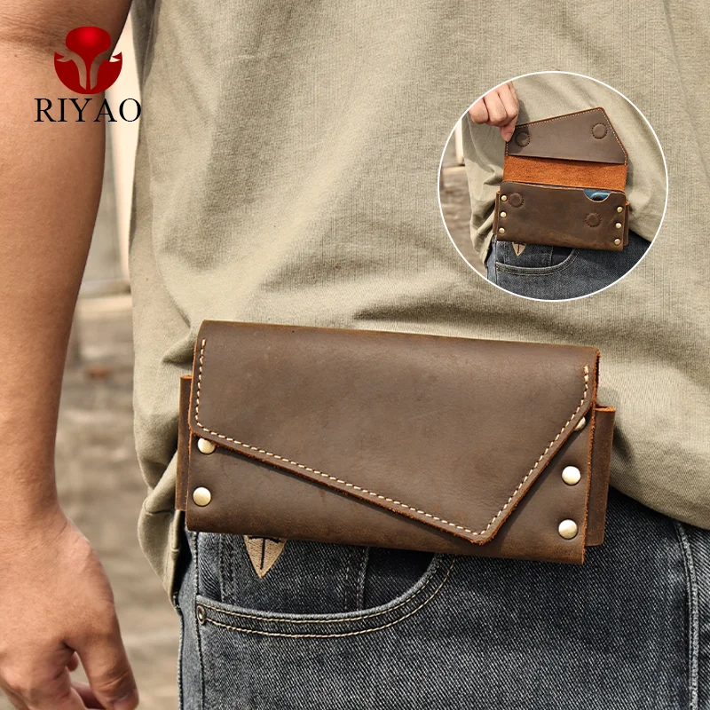RIYAOGenuineLeatherVintageDualLayerFlipPhoneHolsterWalletCase