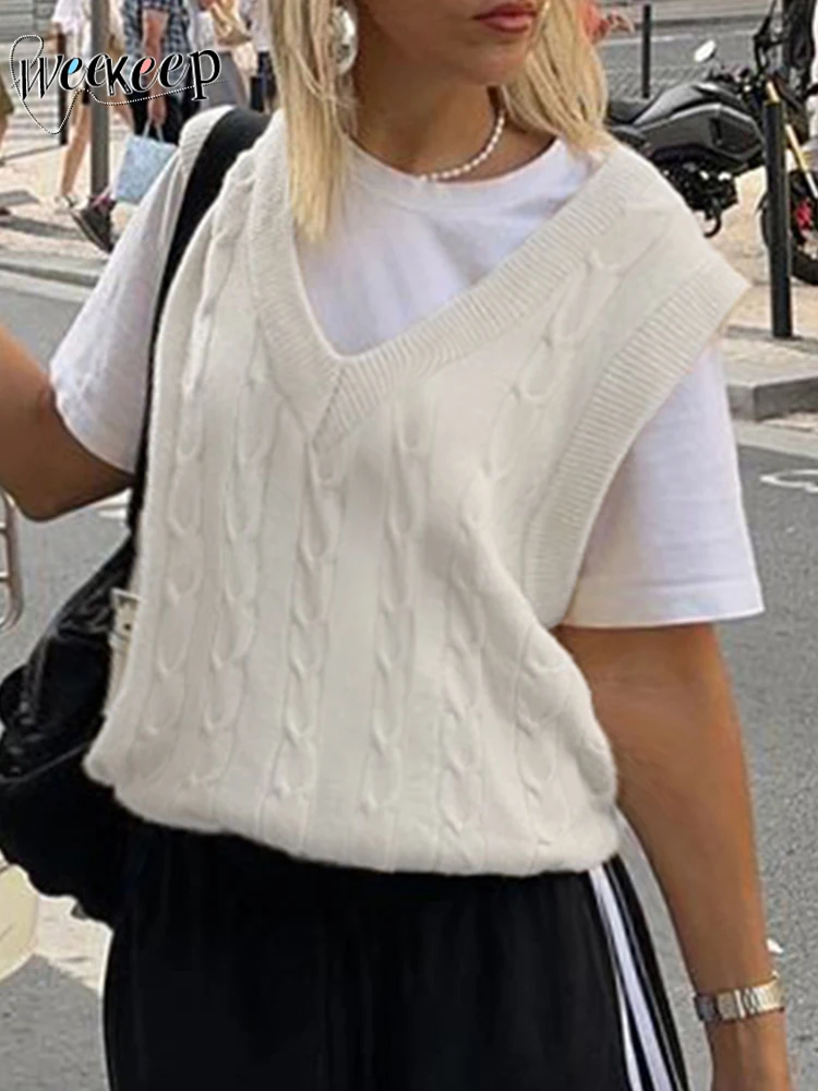 

Женский вязаный свитер без рукавов Weekeep, однотонный вязаный пуловер в уличном стиле y2k, модные Джемперы в Корейском стиле на осень