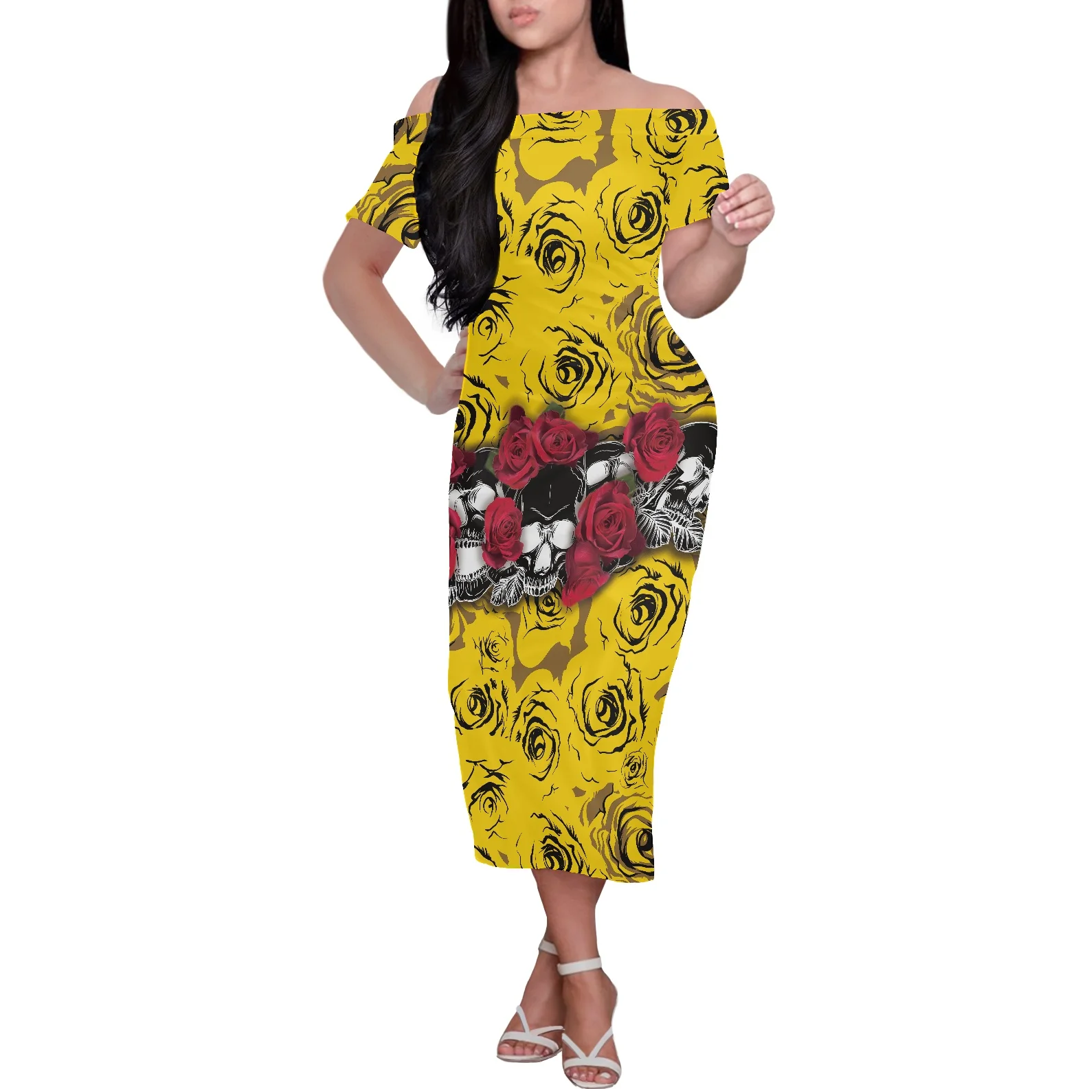 

Off-the-Shoulder Short Sleeve Dress 3D Printed Gothic Rose Dress Large Size Polynesian Samoan Long Dress Women Fashion Clothing