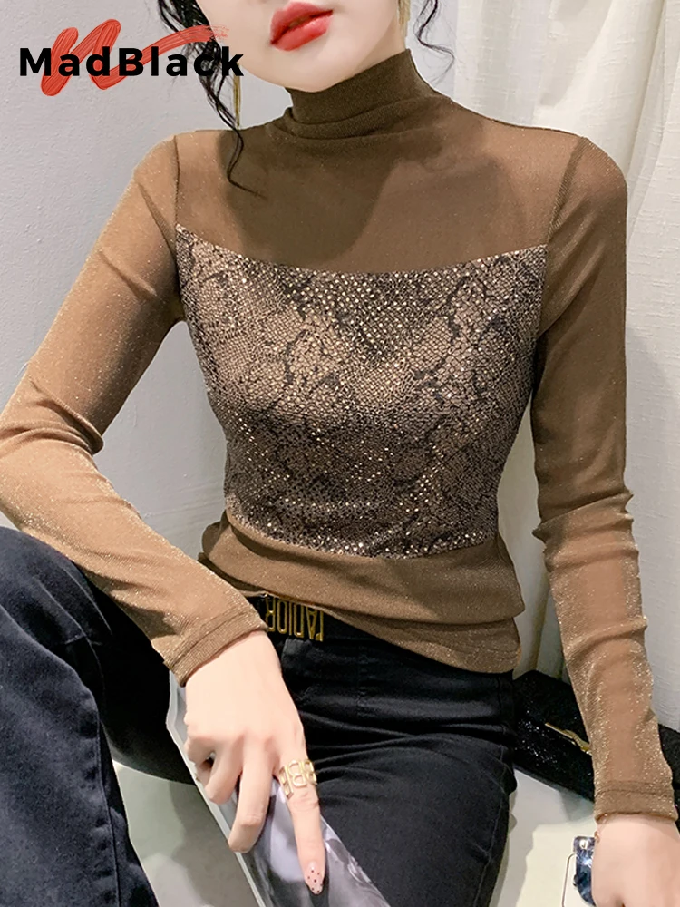 

MadBlack European Clothes Tshirt Women Turtleneck Shiny Diamonds Mesh Patchwork Slim Top Long Sleeve Tee Autumn Winter T306101JC