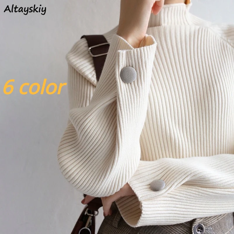 

Winter Pullovers Women Loose Solid Button Mock Neck Long Sleeve Basic All-match Vintage Slouchy Knitted Autumn Tops Warm Female