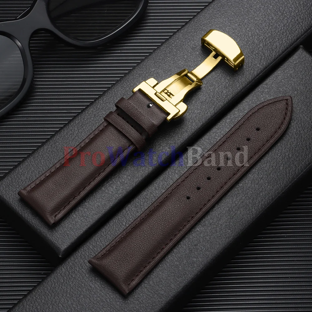 Elegant Leather Watch Band with Gold Butterfly Buckle - Soft Black & Brown Wristbelt