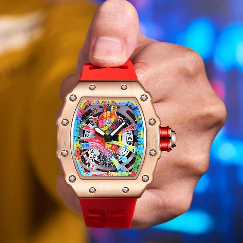 High-end Colored Hip Hop Dial  PINTIME Watch for Men Silicone Strap Stainless Steel Case Fashion Waterproof Quartz Wristwatch