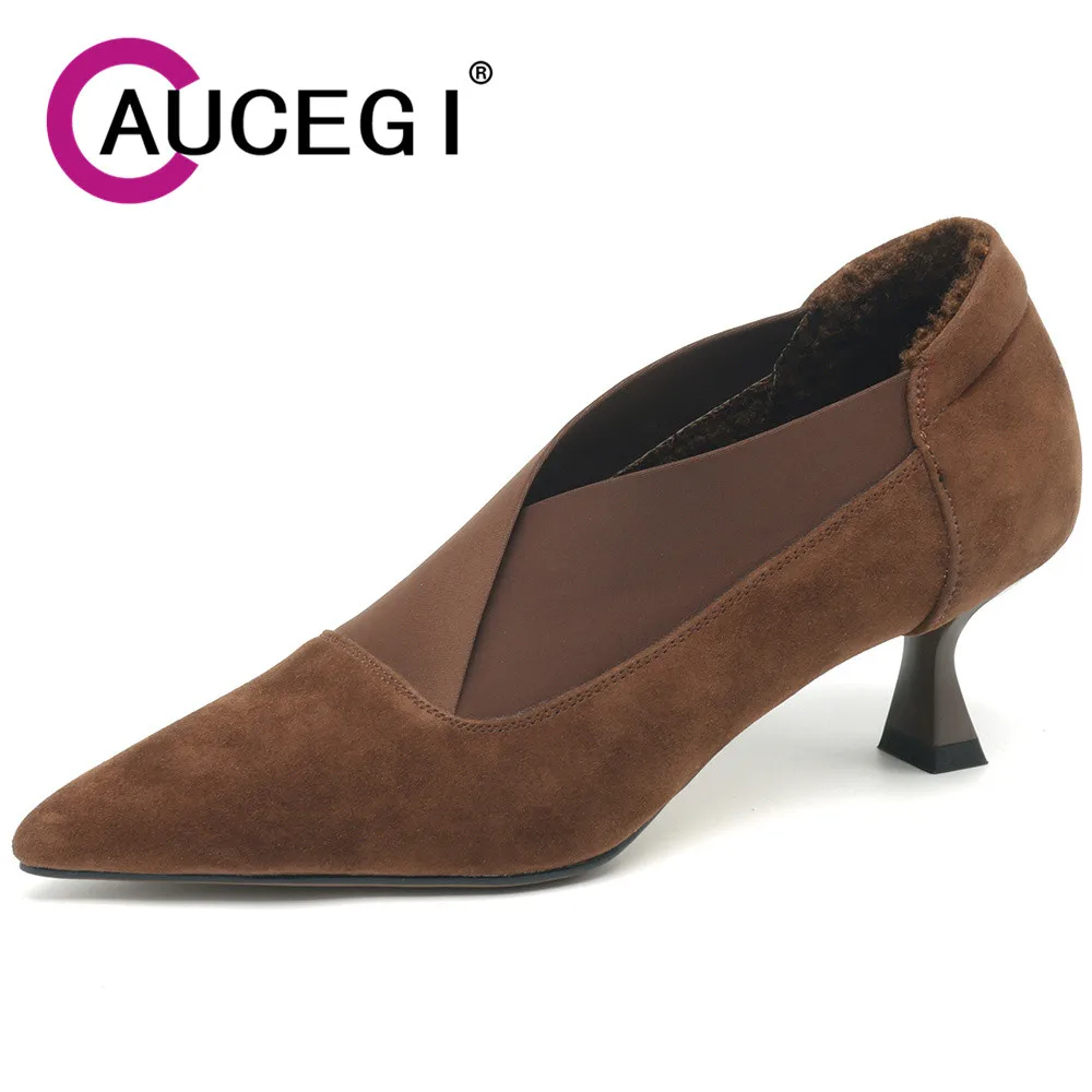 

Женские замшевые туфли-лодочки Aucegi, с острым носком, на каблуке-котенке, теплые плюшевые туфли без застежки, коричневого и черного цвета, для осени и зимы