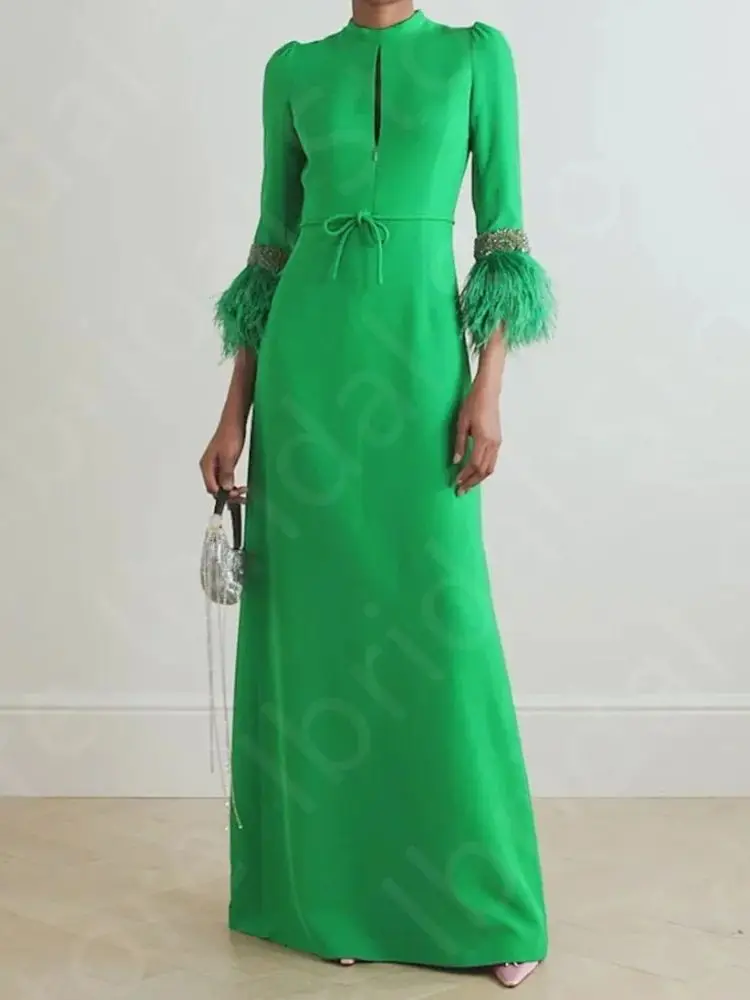 Customized Vintage Green Evening Dresses Arabic 2025 Prom Gowns Feathers 3/4 Sleeves Wedding Guest Dresses High Neck Beaded 5