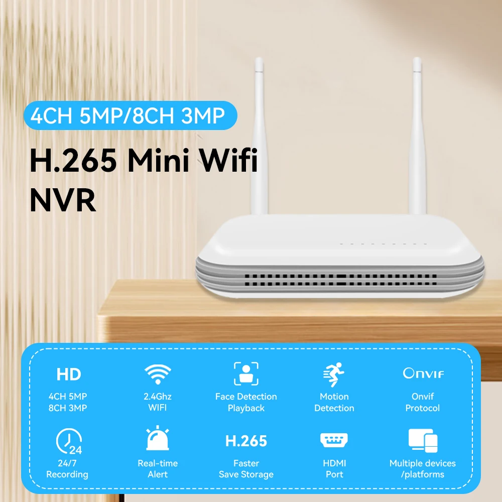 Network video recorder Wifi NVR Mini 4CH 8MP/8CH 3MP XMeye WIFI Video Recorder For Wireless Security System TF Card Slot Face Detection P2P H.265