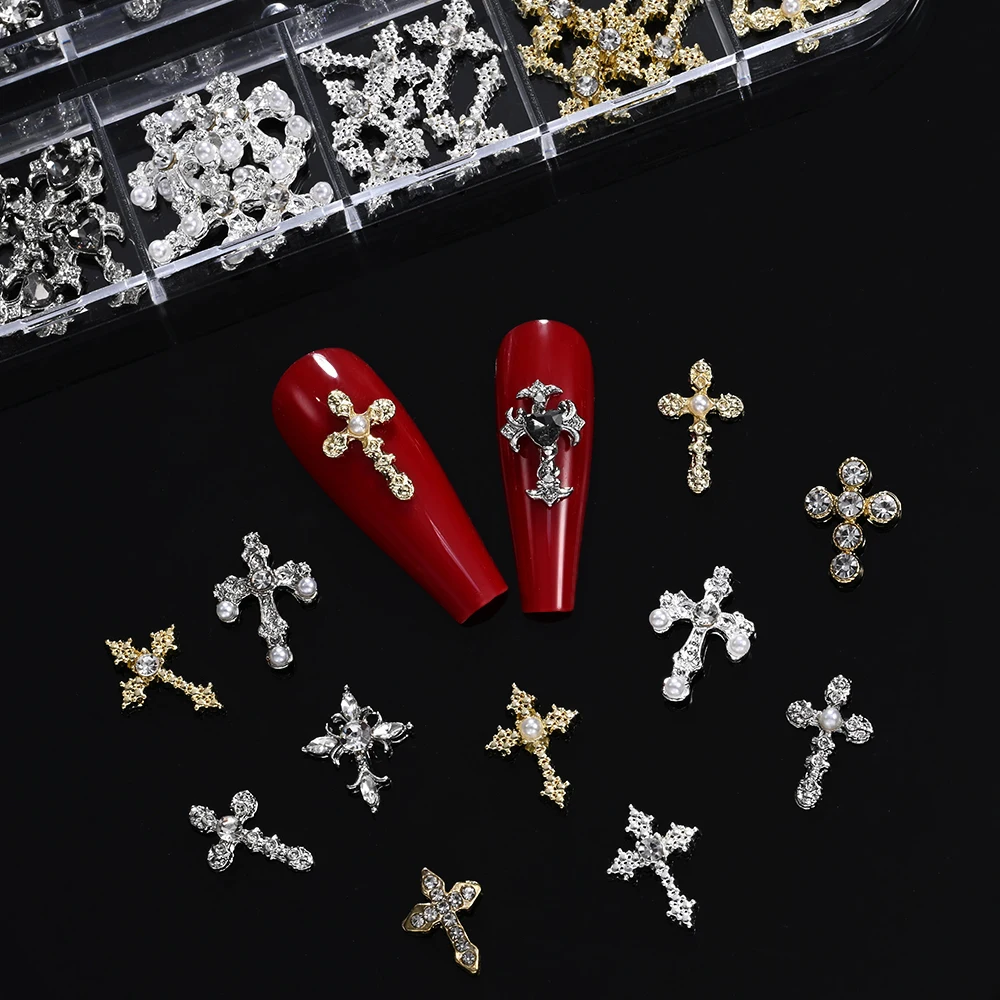 12Grids 3D Exquisite Kreuz Nail art Strass Y2k Metall Punk Voll Glitter Diamant Kreuz Nagel Charms Flache-Rückseite schmuck Nagel Dezember – Detail 3