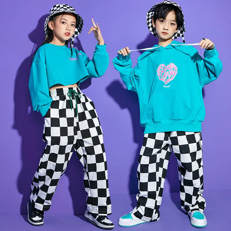 

Light blue Hip-hop Dance Costumes for 6 8 10 12 14 16 Yrs Boys Girls Cotton Long Sleeve hoodies Sport Plaid Pants Outfits