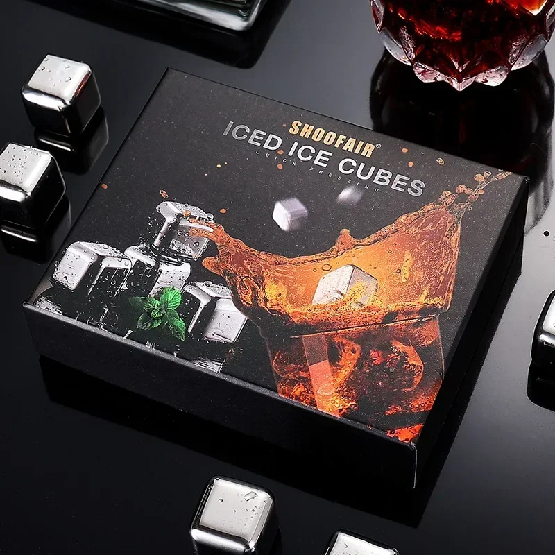 6Pcs Stainless Steel Ice Block Set with Ice Clamp Reusable Stones Whiskey Wine Cooling Cube Bartenders Tools Accessories