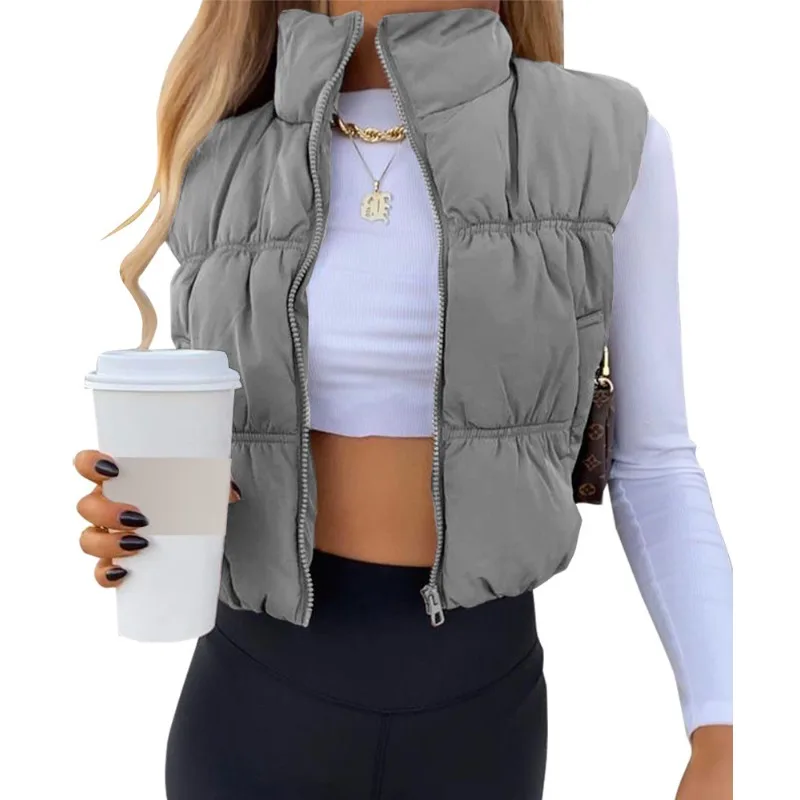 

Autumn Winter Fashion Zip Sleeveless Solid Color Parkas Women Parkas Vest Coat Women Casual Stand Collar Straight Short Vest Top