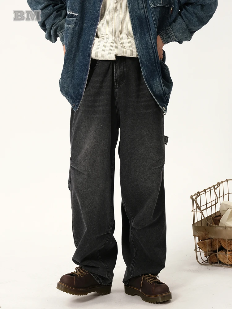 

Джинсы-карго мужские/женские состаренные, уличная одежда в японском стиле, винтажные повседневные брюки из денима, модные штаны в Корейском стиле, черные