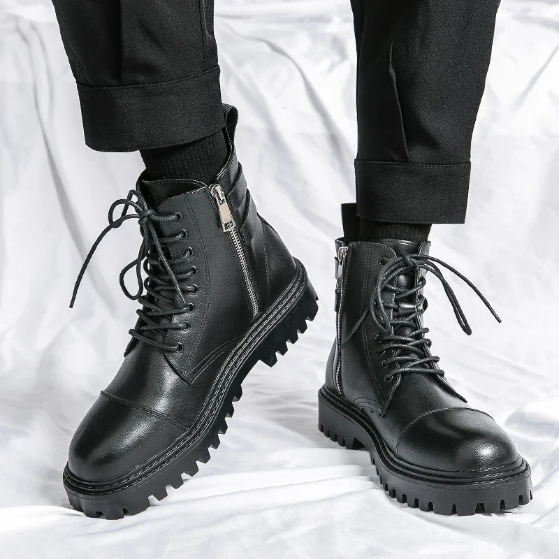 Mens Leather Boots Motorcycle Leather Boots Winter Boots Fashion Brown Leather Men's High Boots Motorcycle Men Outdoor Thick Bottom Round Head Waterproof Ankle