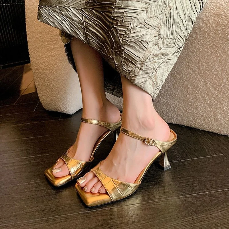 

Women Elegant Gold Silver Mules Slippers Woman Luxury Square Toe High Heel Sandals Lady Summer Female Slip-on Buckle Dress Shoes