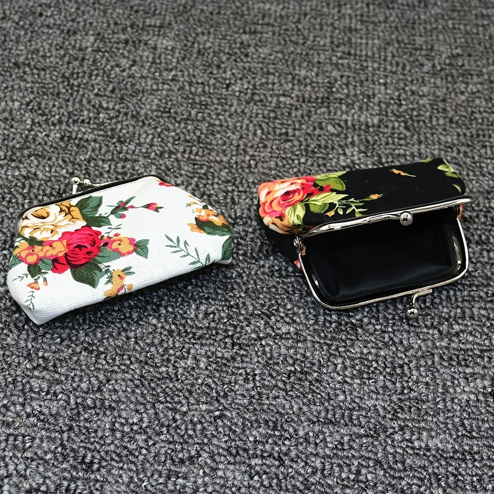 One Piece Vintage Mini Canvas Coin Purse Printed Rose Flower Wallet Key Lipstick Storage Coin Bag Cute Small Wallet