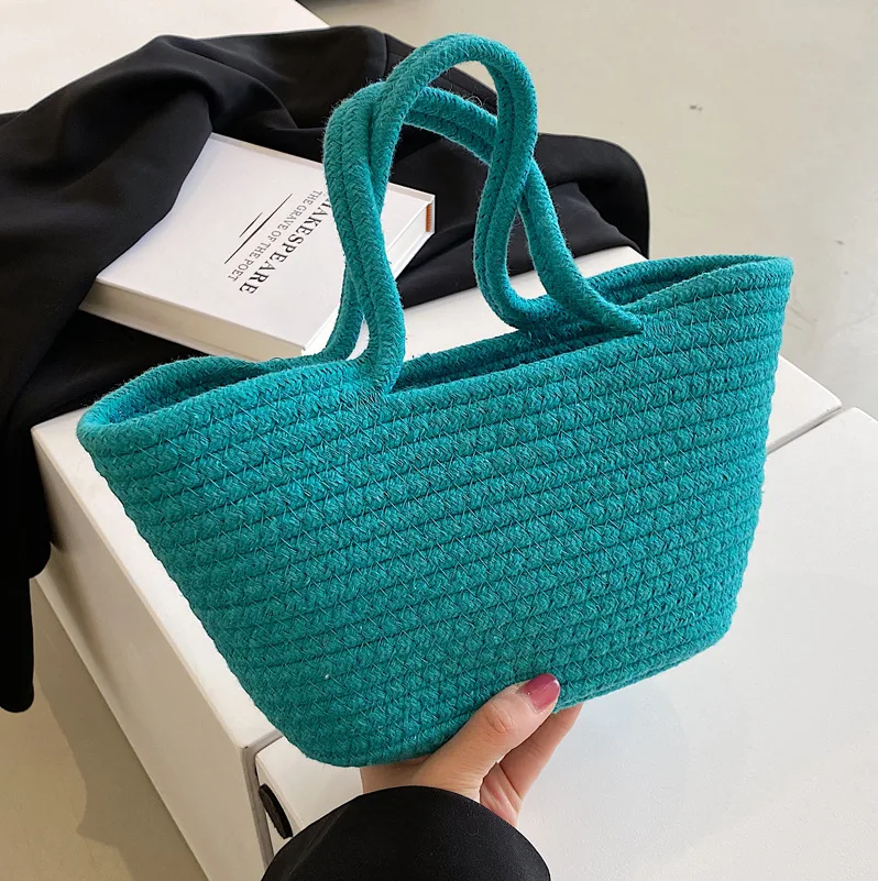 New Summer Straw Shoulder Bags For Women Handmade cotton rope Beach Bags Raffia Rattan Woven Handbags Vacation Shopping Bags