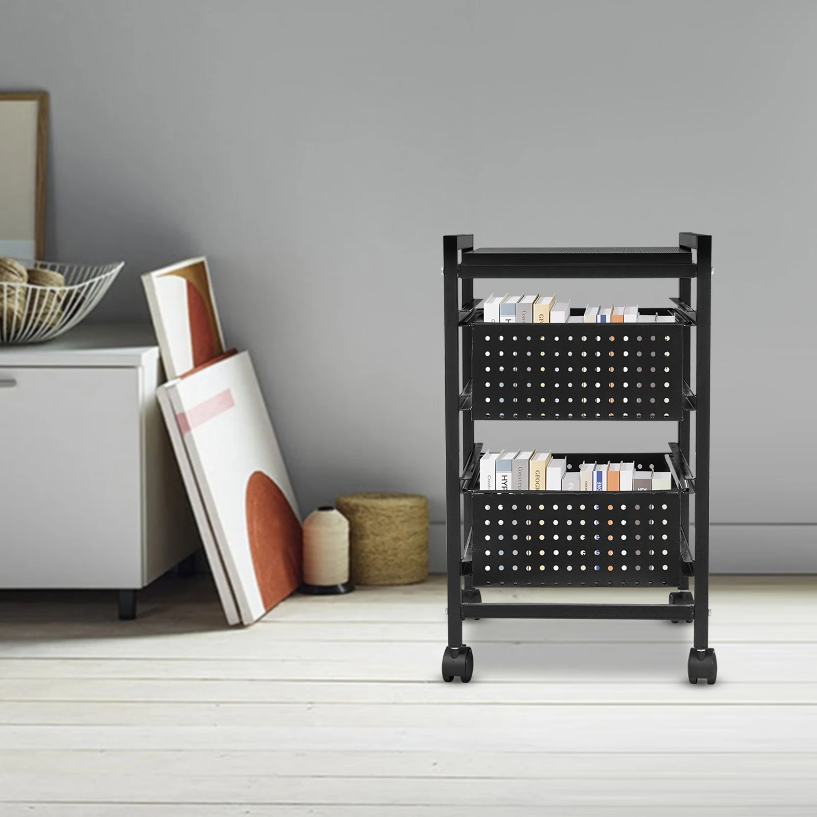 2-Tier File Storage Cart Tool Box Organizer Rolling Cart Office Furniture Wood Storage Dresser Free Standing File Cabinet 3