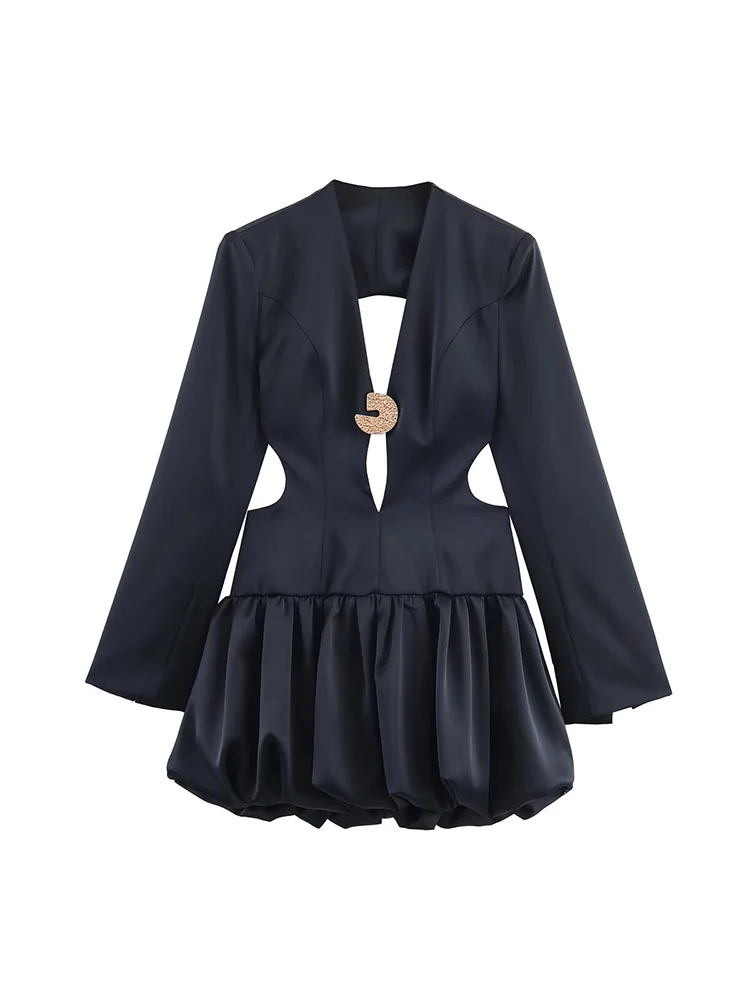Fashion Women Black Sexy Cut Out Mini Dress Casual Party Club Outfit Long Sleeve Backless Hollow Dresses Elegant Ball Gown