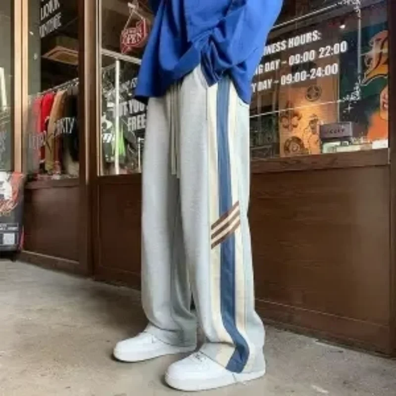 Youth Korean Trendy Loose Straight Casual Pants Patchwork Elastic Waist Pockets Stripe Contrast Sports Loose Wide Leg Trousers